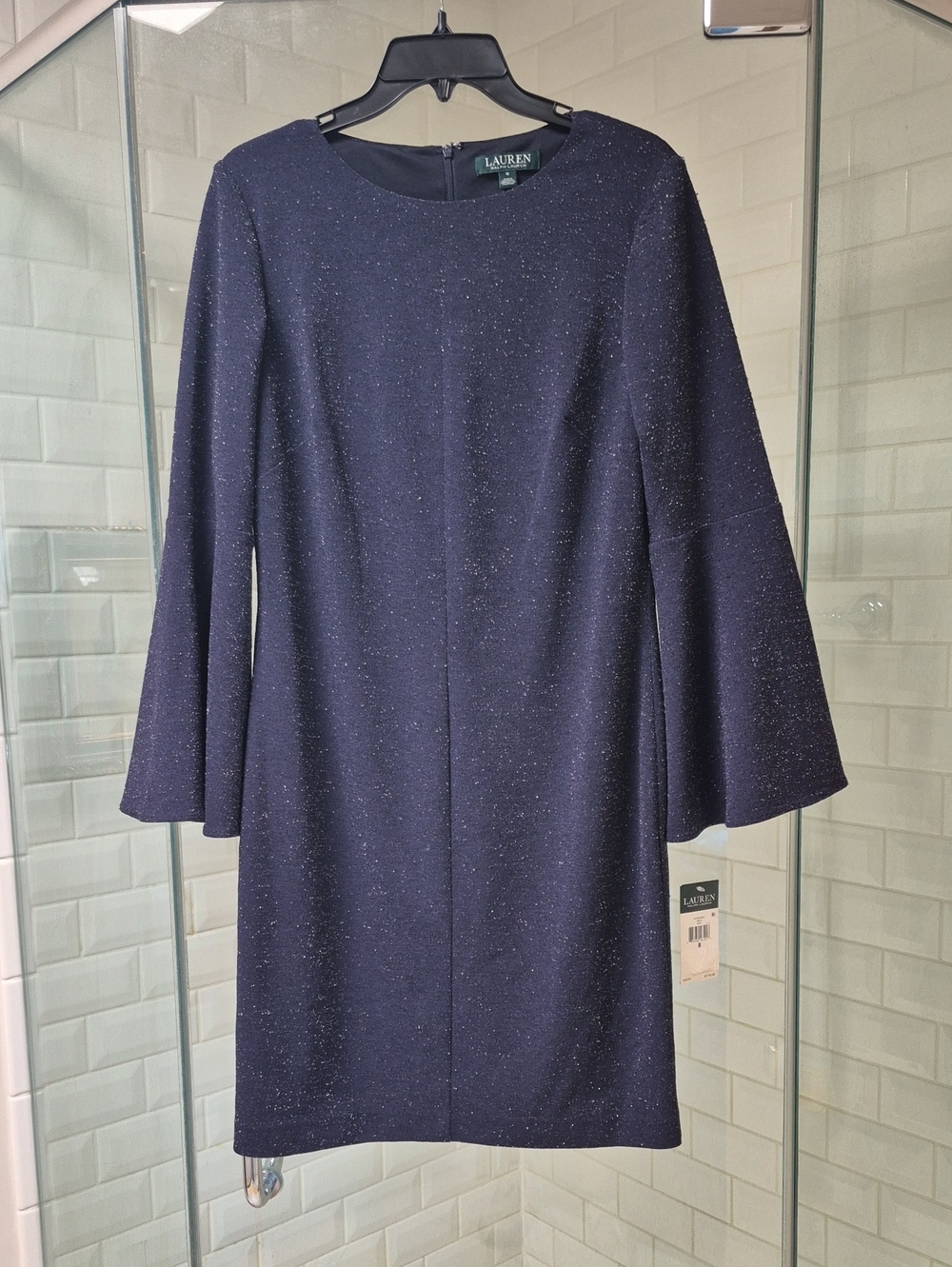 NWT Lauren Ralph Lauren Navy Sparkly Bell Sleeve Dress Retail $170 Sz 8